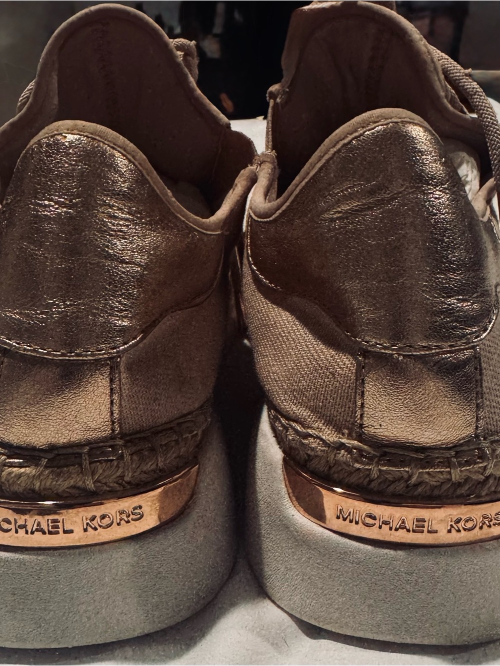 Michael Kors Metallic Bronze Slip-On Loafers with Gold Heel Trim